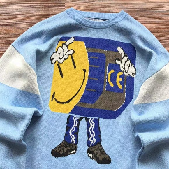 Cavermpt Blue Long Sleeve Smiley Loose Knit Sweater - Picture 8 of 15